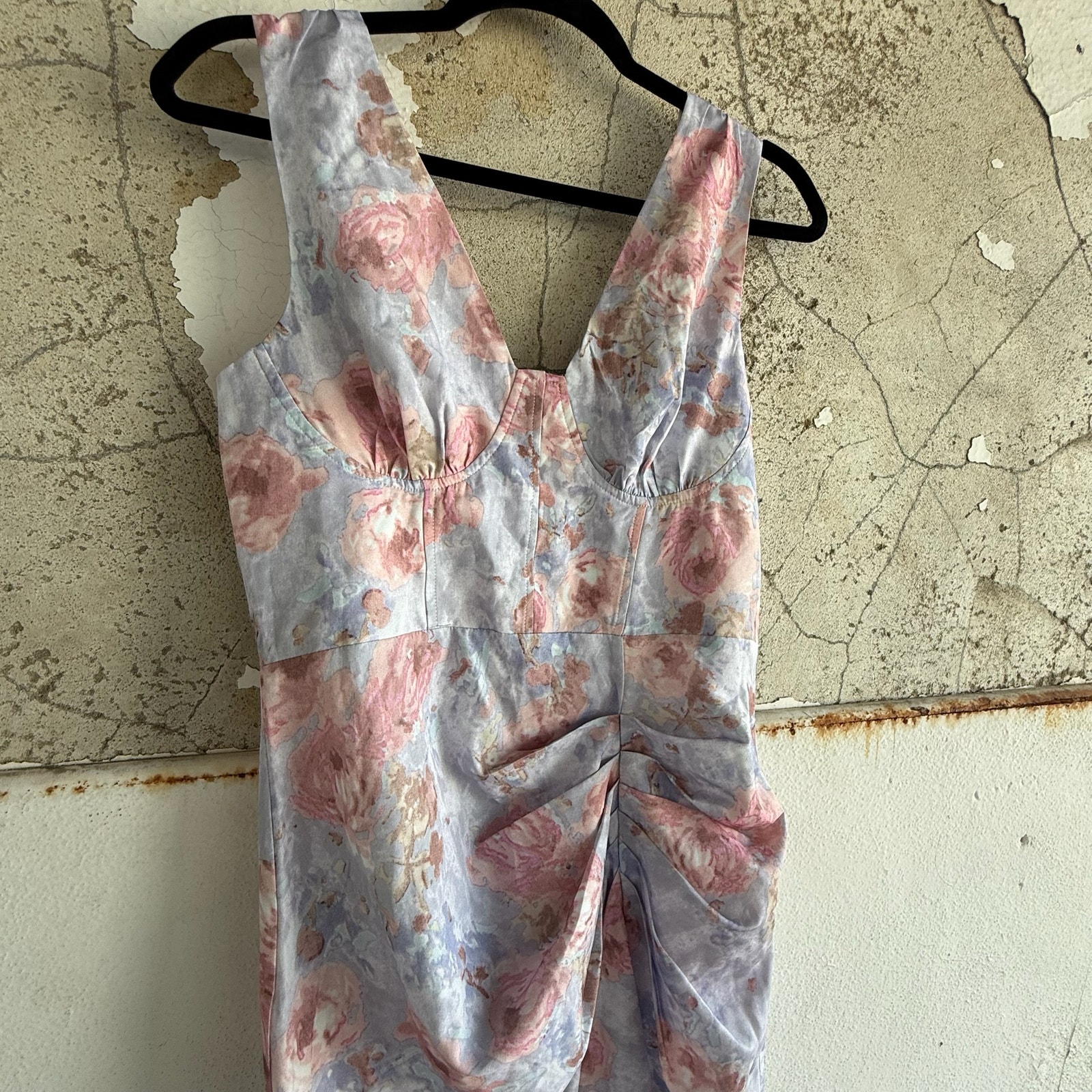 Romantic Floral Ruched Midi Dress Sleeveless Watercolor Knotted Strap Size M — image 2 of 8